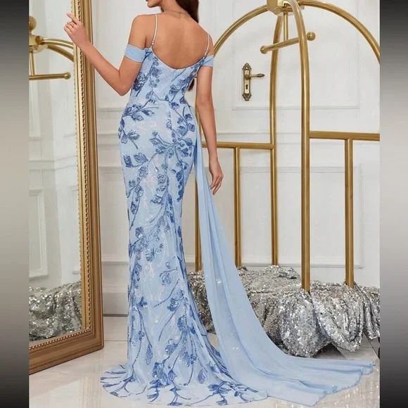 Luxe floral embroidered mermaid hem party formal one shoulder dress